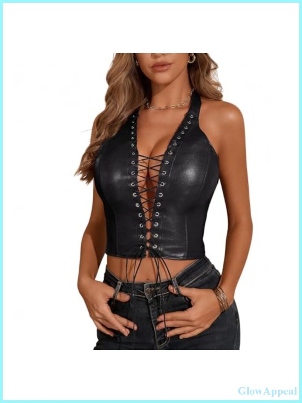 PU Leather Halter Crop Tank Top Lace Up Front Backless Corset Top Clubwear